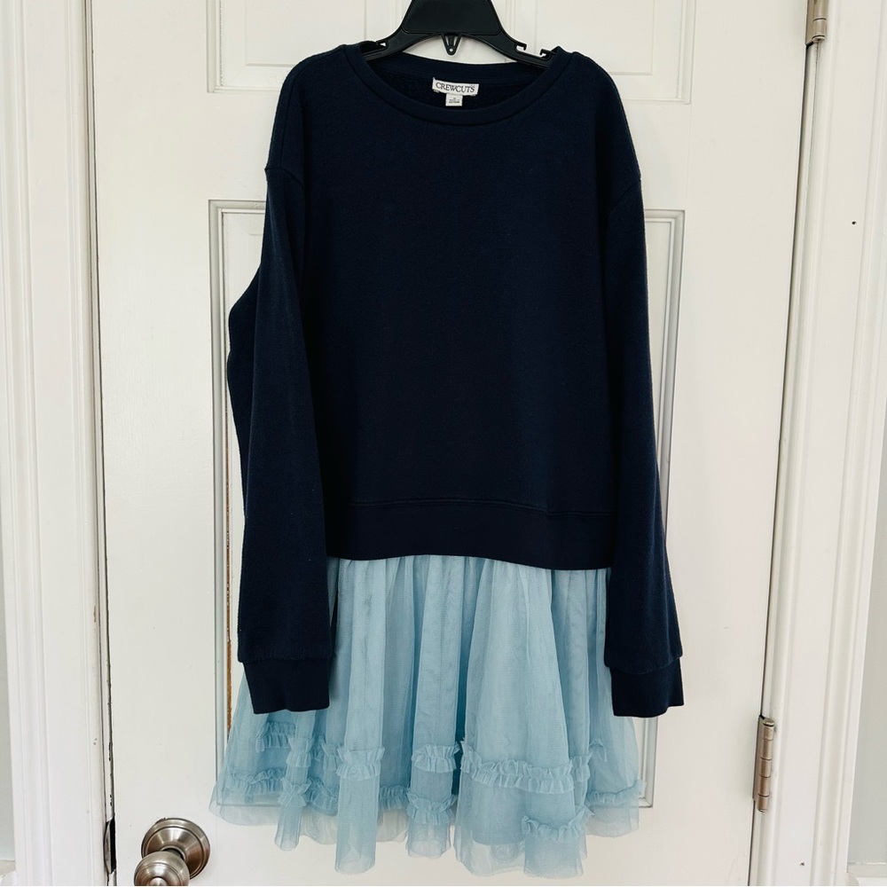 Crewcuts Girls Soft Navy Blue Sweatshirt & Light Blue Tulle Skirt Dress Sz 10